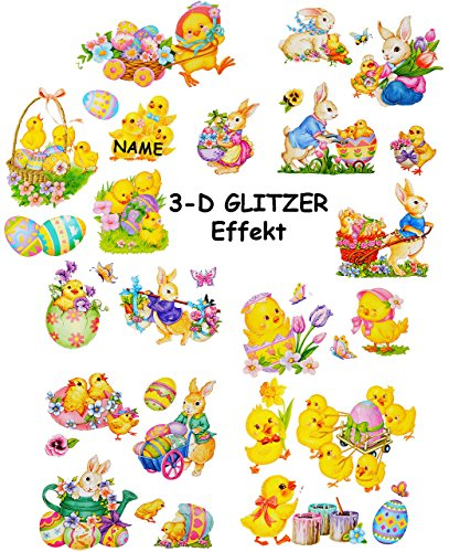 alles-meine.de GmbH 1 Set Fensterbilder - Osterhase & Osterküken - 3-D Glitzer Effekt - incl. Name - statisch haftend - selbstklebend + wiederverwendbar/Ostern - Sticker ..