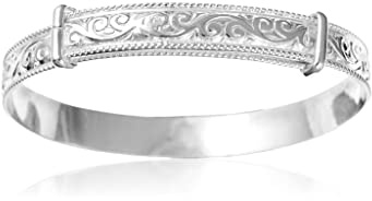 6MM Wide Engraved / Embossed Scroll/Swirl Pattern Expanding / Expandable / Adjustable Bangle Bracelet for Baby/Child/Children/Women - 925 Sterling Silver - Size: BABY (Medium)