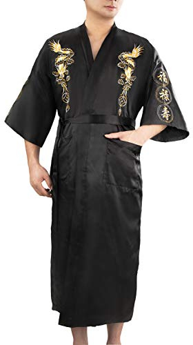 Bon amixyl Men’s Dressing Gown Bathrobe Satin Silk Bath Robe Kimono Gown Dragon Embroidery Yukata Hakma Vintage