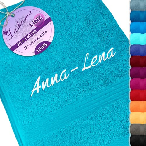 Lashuma Besticktes Handtuch personalisiert mit Namen Blau - Aquamarin, Linz Duschhandtuch 70x140 cm