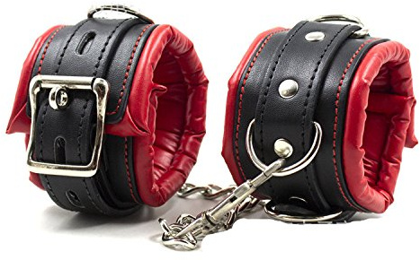 Boowhol Sex Handfesseln Leder gepolstert Schwamm Handschellen/Fußschellen Schwarz Rot Vertellbar Bondage SM Sex Spielzeug für Damen Männer (Fuß)