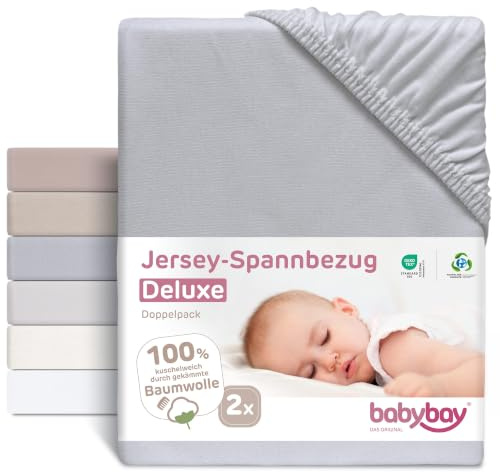 babybay Lot de 2 draps-Housses en Jersey Deluxe compatibles avec Les modèles Maxi, Midi, Boxspring, Comfort et Comfort Plus, Gris, 89 x 50 cm (Lot de 2)