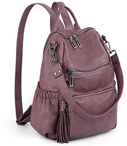 UTO Damen Rucksack PU Washed Leder Modischer Multifunktionsrucksack mit Quastendesign Lässige Schultertaschen vielen Kompartiment Reißverschluss Umhängetasche Rucksack Schule Schulrucksack Taupe Rosa
