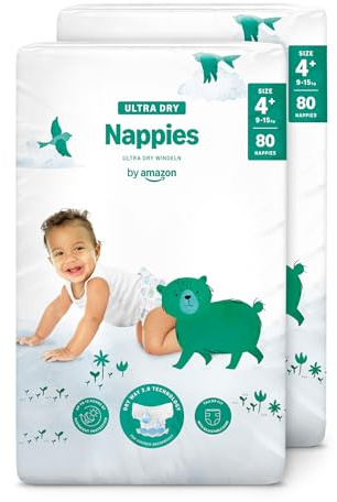 By Amazon Pañales ultra-secos, Talla 4+ (9-15 kg), Con canales, Blanco, 160 Unidad (2 Paquetes de 80) - Nueva versión (Anteriormente una marca Mama Bear brand, el mismo producto)