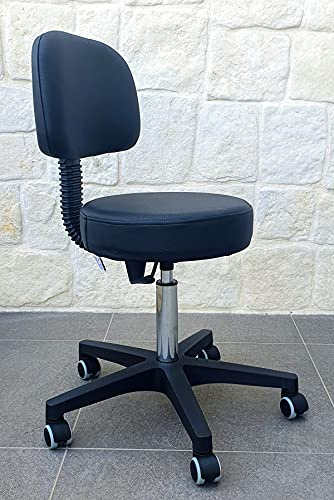 GALIZIA PRJME Sgabello da Lavoro con spalliera per Centri estetici ambulatorio Medico, con Ruote, Rotazione Libera di 360°, Imbottitura D37 Altezza 7 cm. in Finta Pelle NERO