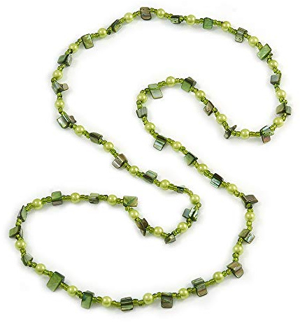 Avalaya Lång lime/grönt glas och skal pärlhalsband, Halsband Dam, 106 cm långt