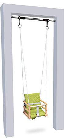 Holz Babyschaukel Kinderschaukel Holz Babywippe Zimmerschaukel Indoor Baby Schaukel Stoff Babysitz Baby Schaukel zum Aufhängen 4 in 1 Sicherheitsgurt + 2X Befestigungshaken (Natürliche&Grün)