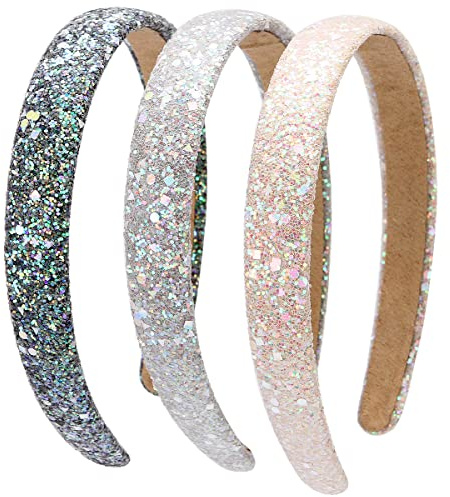 Loneedy Harte Haarreife, Glitzer-Pailletten für Kinder, breite gepolsterte Haarbänder, modisch, niedliches tägliches Accessoire für Mädchen und Damen, Schwarz und Grau und Beige, 3 Stück
