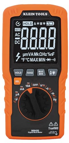 Klein Tools MM450 Multimeter, Slim Digital Meter, Auto-Ranging TRMS, 600V AC/DC Voltage, Current, Resistance, Temp, Frequency, Continuity, Orange