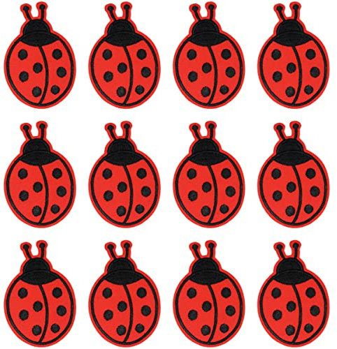 JKJF 12 Stück Marienkäfer Patches Käfer Tier Aufbügeln Bügelbild 7 Sterne Marienkäfer Aufnäher Applikation Kleines Insekt Stickerei Patches für Kleidung Rucksack Schuhe Jacke Jeans Hut Kleid - Rot