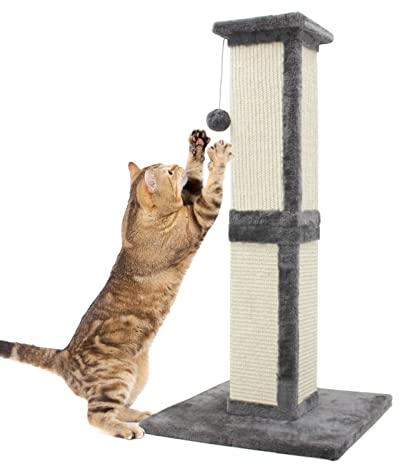 SONGWAY Hoher Katzen Kratzbaum - Kratzstamm für Katzen, Katze Kratzsäule aus Sisal, Kratzspielzeug Katze mit Ball, Grau