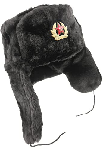 Ushanka Russische Fellmütze Tschapka Wintermütze mit Ohrenklappen Uschanka Unisex mit Stern Abzeichen (as3, Numeric, Numeric_56, Schwarz)
