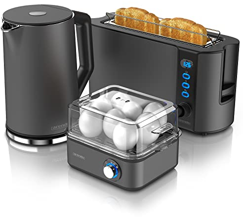 Arendo - Wasserkocher mit Toaster SET und Eierkocher Edelstahl Cool Grey Wasserkocher 1,5L 40° - 100°C Toaster 2 Scheiben LED-Display 6 Bräunungsgrade Eierkocher 1-8 Eier Messbecher
