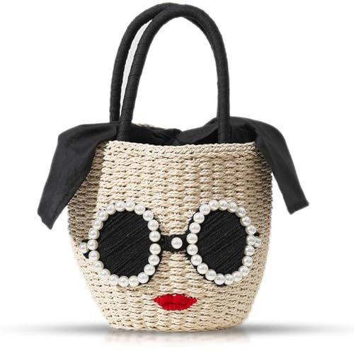 QTKJ Strohtasche, Strandtasche für Damen, böhmische handgewebte Handtaschen, niedliche Sonnenbrille, rote Lippe, Korbtasche, Stroh-Tragetasche, geeignet für Picknick, Reisen, tägliches Matching
