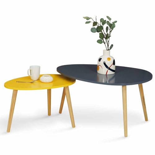 IDMarket - Set di 2 tavolini scandinavi GAIA laccati grigi e gialli