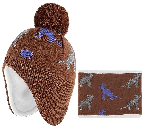 LACOFIA Baby pojkar flickor vintermössa och krage halsduk set stickad småbarn öronflikar mössa barn varm fleece foder hatt med pompom, 2-pack, Brun dinosaurie, 6-12 månader