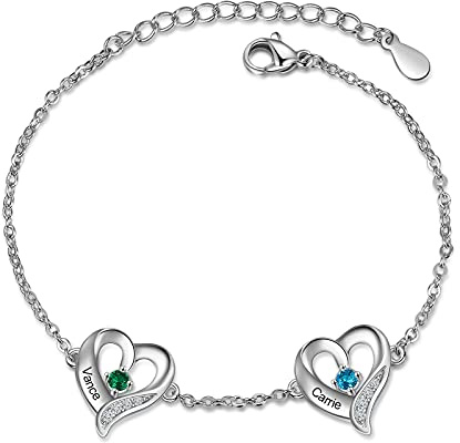 lorajewel Personalisiertes Damenarmband mit Geburtsstein Name Herz-Armband Silber Geschenk für Muttertag Valentinstag Weihnachten