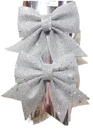 Weihnachtsbaumschleifen, 2 Stück, Schleifen, Weihnachtsbaumschmuck, Geschenk, Party, Dekoration, Weihnachtsfeiertag, Innen- und Außenbereich, Dekorationen (Farbe: Silber, Größe: 12 cm)