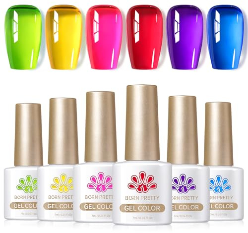 BORN PRETTY 7ML Vernis Gel Semi Permanent Fluo Néon, 30% Gelée Cristal Rouge Bleu Jaune Vert Pourpre Fluorescente Eté Gel Vernis à Ongles UV LED Soak Off Manucure 6 Couleurs
