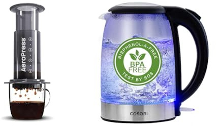 Aeropress Coffee and Espresso Maker - 1 to 3 Cups Per Pressing,Black & COSORI Electric Kettle Glass, Fast Boil Quiet, 3000W 1.5L with Blue LED, Stainless Steel Filter, Boil-Dry Protection, Black