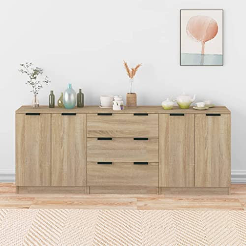 THOYTOUI Design Anrichte,Buffet,Küchenanrichte,Geeignet für Wohnzimmer,Rustikaler Stil,3-TLG. Sideboard Sonoma Eiche-Optik Holzwerkstoff