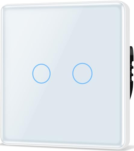 TAWOIA Touch Lichtschalter 2 Fach 1 Wege Unterputz Schalter mit 2.5D Curved Glas Platte 86 * 86mm Wandlichtschalter Weiß