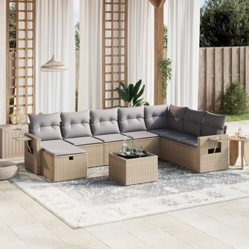 Rantry 9-TLG. Gartenmöbel Set mit Kissen Gartensofa Balkonmöbel Gartenlounge Loungesofa mit Gartentisch Rattansofa Ecksofa Ecklounge Loungemöbel Sitzgruppe Beige Poly Rattan