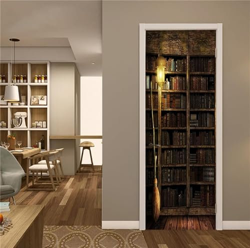 Türtapete Selbstklebend 95x215 cm Türfolie Selbstklebend Retro-Bücherregal Türaufkleber Türposter Bücherregal Türsticker Fototapete 3D Effekt für Schlafzimmer Wohnzimmer Küche A2421
