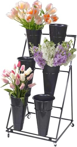 MIDUOLAI Dekorativer BlumenstäNder, Mit Eimern FüR Schnittblumen, Robuster Rollender PflanzenstäNder Auf RäDern, Blumenwagen FüR Drinnen Leiterregal, FüR Floristen, Garten,Schwarz,3Tier 6 Bucket