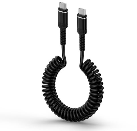 Coiled USB C to C Cable for Car, Type C Retractable Samsung Phone Charger Cable Fast Charging Lead for Samsung Galaxy S25 S24 Ultra S23 S22 S21 A55 5G A54 A53 A35 A34 A17 A16 A15 A14 iPhone 17 16 15