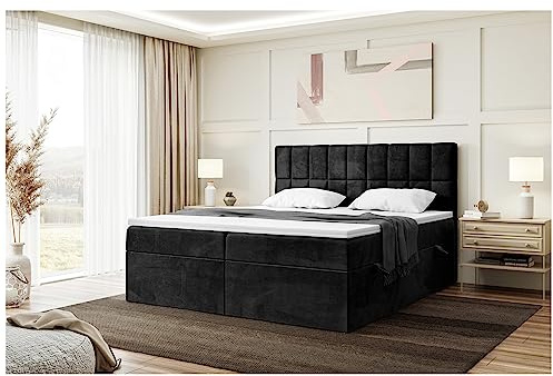 MEBLINI Boxspringbett mit Bettkasten - 200x200 - Gepolstert Doppelbett mit Matratze und Topper - Polsterbett mit Stauraum - Bett mit Kopfteil - Stauraumbett - Lukas - H4/Schwarz Samt
