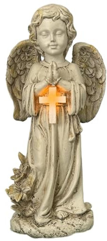 Peosaard Estatua de ángel de oración Resistente al Clima Solar con ala con alas y Cruzar 12 Pulgadas de Luces solares de ángel para el Cementerio, jardín, césped, Patio, ángel Solar