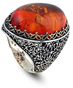 Jewellery Pit - Anello Grande in Ambra Ottomano con Gemme e Pietre Preziose - Anello Vintage in Argento 925 Lucido, Fatto a Mano, con Incisione e Panno per Lucidare l'Argento (19)