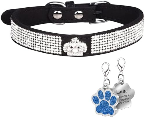 Suiecuor Personalisiertes Hundehalsband mit glänzenden Strasssteinen, verstellbares Hundehalsband aus weichem Wildleder, geeignet für kleine mittelgroße und große Hunde
