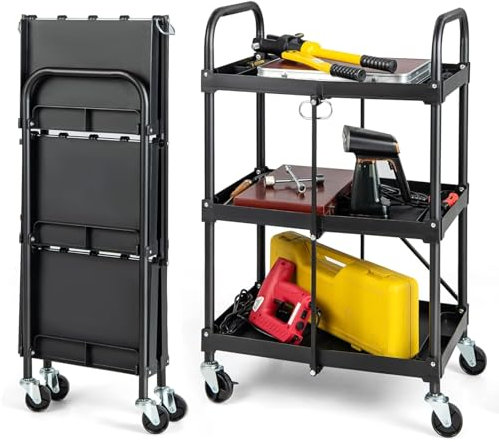 HOMFME 3-Tier Folding Tool Trolley, Mobile Service Cart with Lockable Wheels, Tool Grooves, Handles, Heavy Duty Metal Utility Cart Storage Trolley for Garage Repair Shop DIY