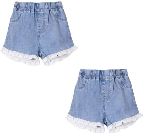 FedMois Short de Jean pour Fille, Lot de 2, avec Dentelle décorative, 10-11 Ans
