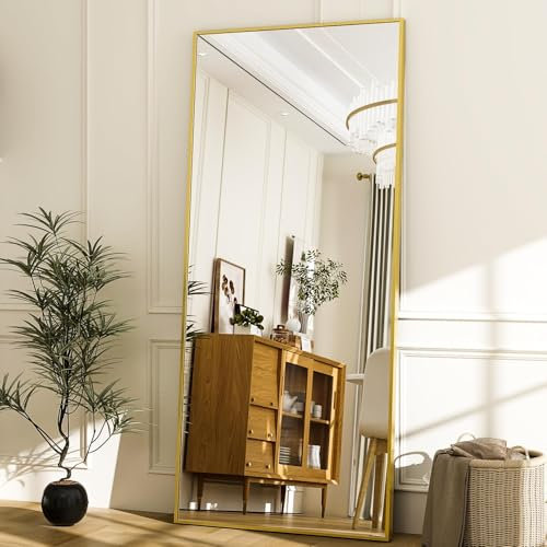 Koonmi 171 x 76 cm Standspiegel, robust Ganzkörperspiegel mit minimalistische schmaler Aluminiumrahmen, modern großer Wandspiegel stehend oder hängend für Wohnzimmer und Schlafzimmer, Gold