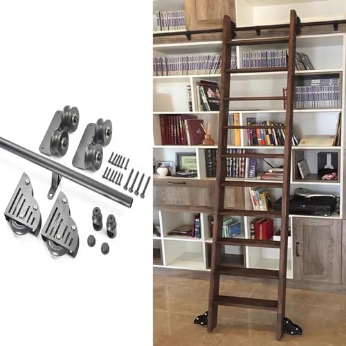 YWTCDMTF 3,3-20 Fuß Rollleiter-Hardware Home Office Bibliothek Scheunenstil Schiebeleiter Rundrohr-Schienensatz (ohne Leiter), Bodenrad mit Bremse, Schwarz (Größe: 26,2 Fuß/800 cm Schienens
