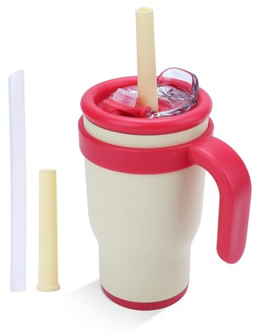 Pauzema 14oz Wie Mama's Becher mit Strohhalm, 420ml Kinder Trinkbecher mit 3 in 1 Deckel und Strohhalm, Auslaufsicher, für Kita & unterwegs - Beige
