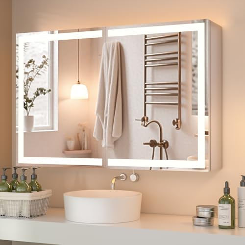 Mutital LED Spiegelschrank Bad 80x14,5x60 cm mit Doppeltür und Spiegel | Aluminium Badschrank mit Ablage, Hängeschrank und Touch-Sensor. LED-Beleuchtung für moderne Badezimmer.