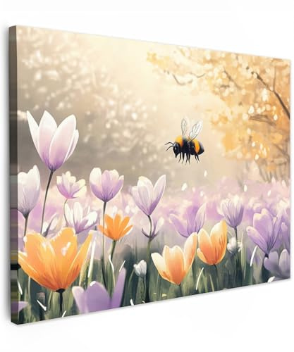 MuchoWow© Leinwandbild Dekoration Wohnzimmer Bilder Pictures Wall | 70x50 cm - Decoration Living Room Wohnungs Deko Moderne Bild Stiefmütterchen - Biene - Sonnenlicht