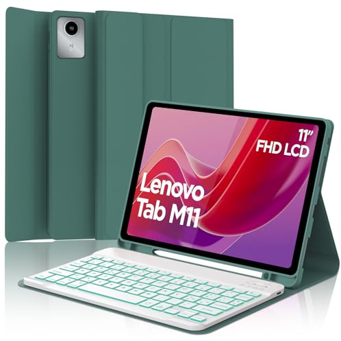 SENGBIRCH Funda teclado Lenovo Tab M11 11 2024, italiano QWERTY, 7 colores de retroiluminación extraíble Bluetooth magnético desmontable teclado para Lenovo Tab M11 2024, verde oscuro