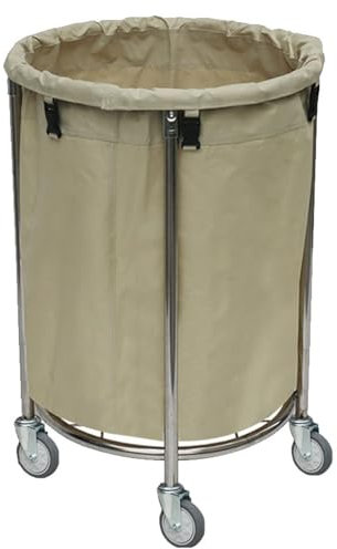 GBPLDMAQ GBPLDMA Wäschekorb mit Rädern Runder Wäschewagen, Reinigungswagen Klein Edelstahlmaterial Nietenverstärkung, mit Leisen Universalrädern und Großer Kapazität(Beige,84x55cm/33x22in)