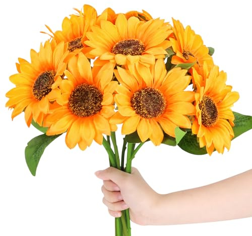 iuqiepo 10 girasoles artificiales, girasoles artificiales adecuados para decoración del hogar, decoración de bodas, decoración de fiestas, girasoles falsos (sin jarrón)