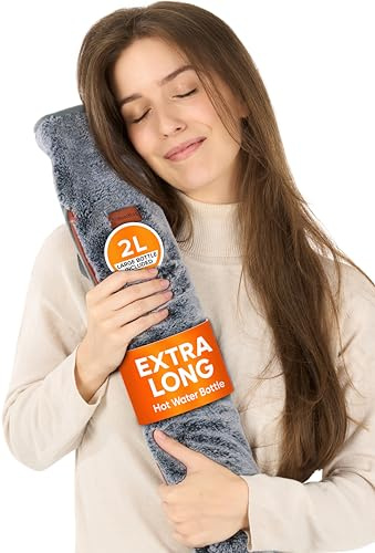 Long Hot Water Bottle for Adults with Cover-Back-Neck-Stomach Pain Relief 2 Sided with Pockets Super Soft Fur-Velvet 2L 76cm