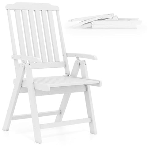GOPLUS Silla de Terraza Plegable, Sillón de Exterior HDPE con Respaldo Reclinable, Asiento de Láminas, Reposabrazos, Resistente a la Intemperie, hasta 150kg para Jardín, Balcón (Blanco)