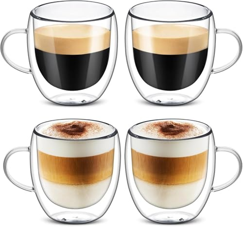 4x250ml Double Walled Insulated Glass, Cappuccino Mugs,Coffee Glass Insulated Latte Drinking Cup, Clear Glasses Mugs for Latte,Hot Drinks Tea Milk Juice Ice Cream