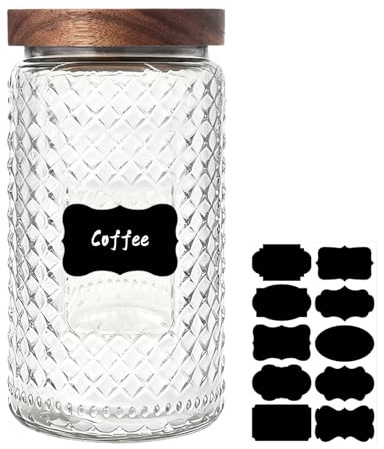 Glass Storage Jars with Airtight Lid - 1000 ML Large Vintage Kitchen Pantry Canister with Label, Decorative Container for Biscuit, Cookie, Tea Bag, Coffee Bean, Snack, Sweet, Oat, Pet Treat, Candy