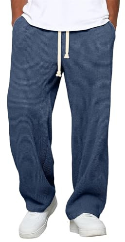 Pantalon homme aspect gaufré, pantalon de jogging homme jambe large long pantalon en tissu taille élastique pantalon de trekking cordon de serrage pantalon d'entraînement coupe ample pantalon de sport