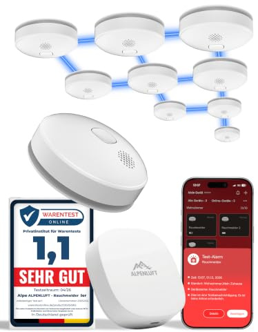 ALPENLUFT Rauchmelder mit Smart App 10 Jahre Batterie, TESTSIEGER Feuermelder Funk und WLAN Vernetzt, Rauchwarnmelder, Brandmelder, Funkrauchmelder Vernetzbar Ohne Bohren, Ohne LED Blinken, 10er + HUB
